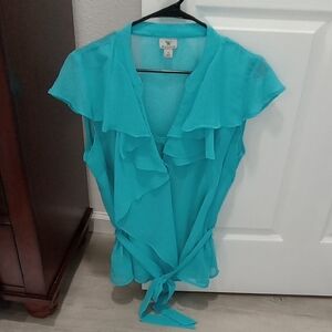 Worthington Turquoise Ruffle Tie-Front Blouse